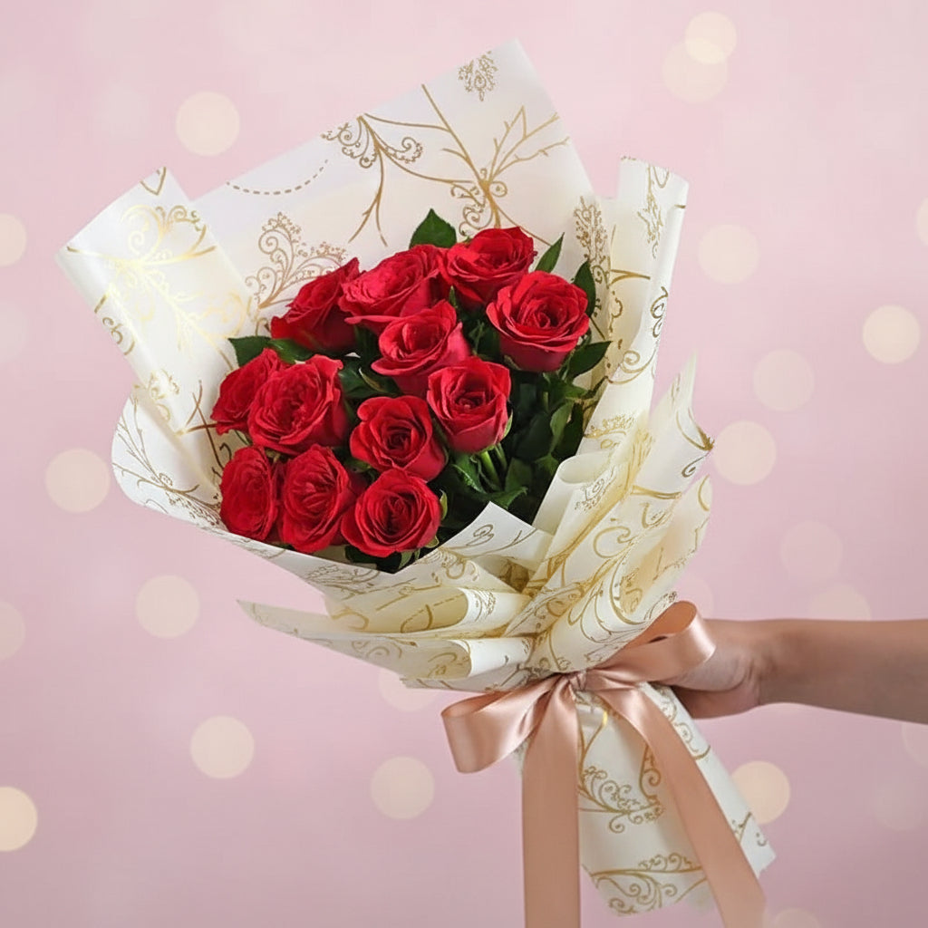 Bouquet of red roses in a decorative black and white wrap held by a hand against a light gray background