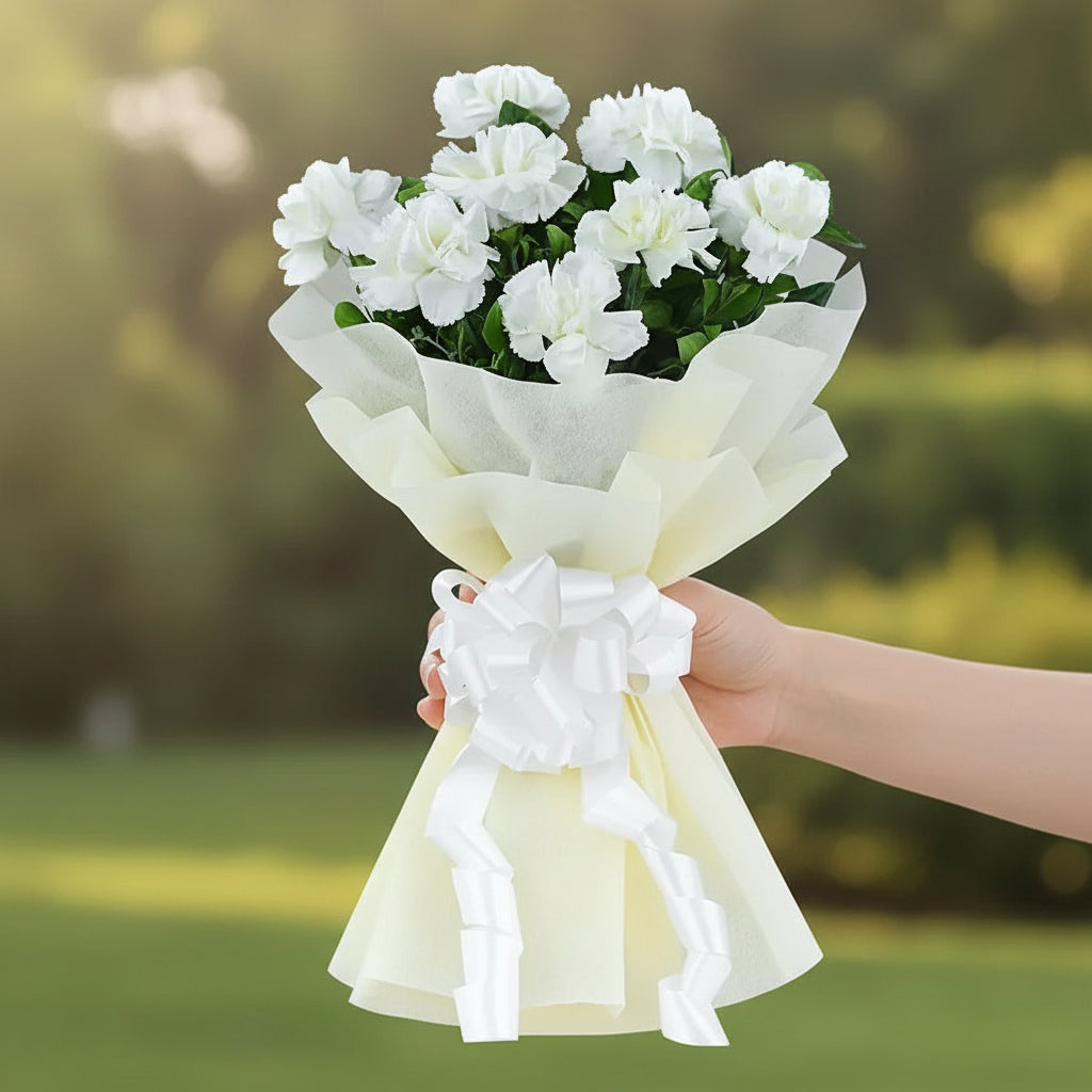 8 White Carnations Flower Bouquet - Small