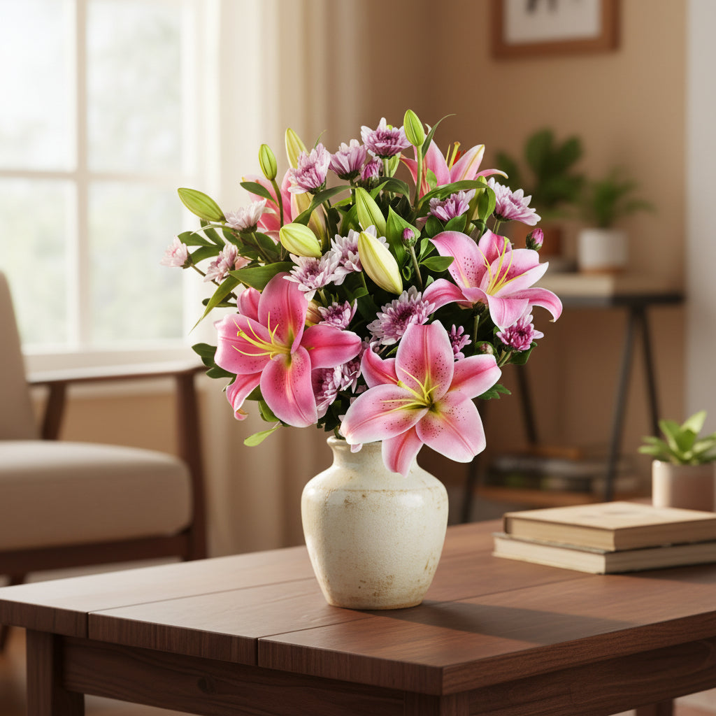 Woman holding a bouquet of pink lilies and greenery against a plain background