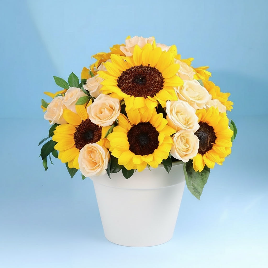 Bouquet of yellow sunflowers and beige roses in a black box with 'FLOWER AURA' branding on a light blue background.