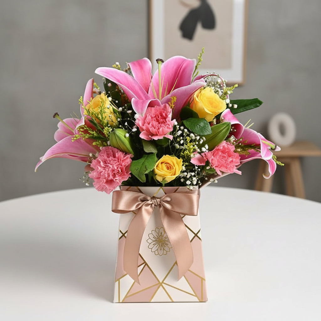 Bouquet of flowers in a 'Happy Birthday' box on a light background