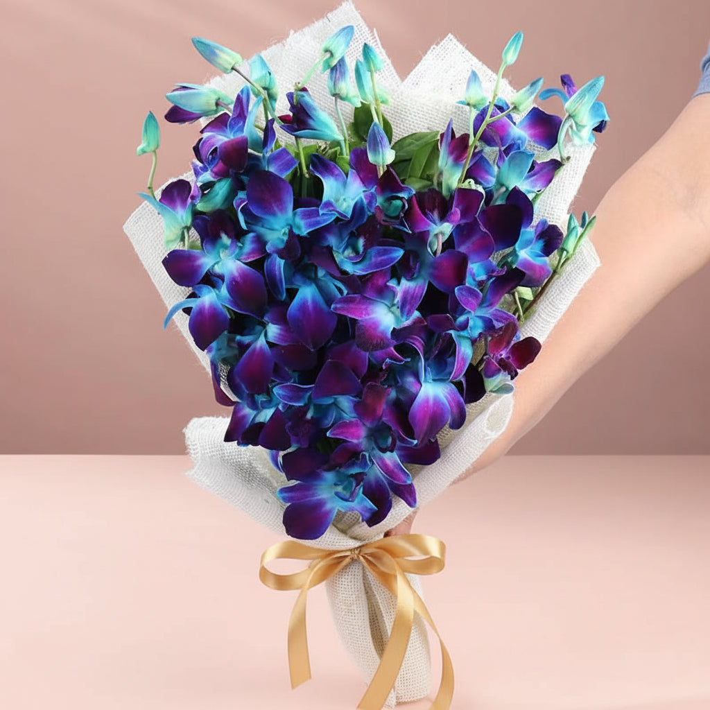 Elevate your gifting with our Blue 6 Orchid Jute Bouquet