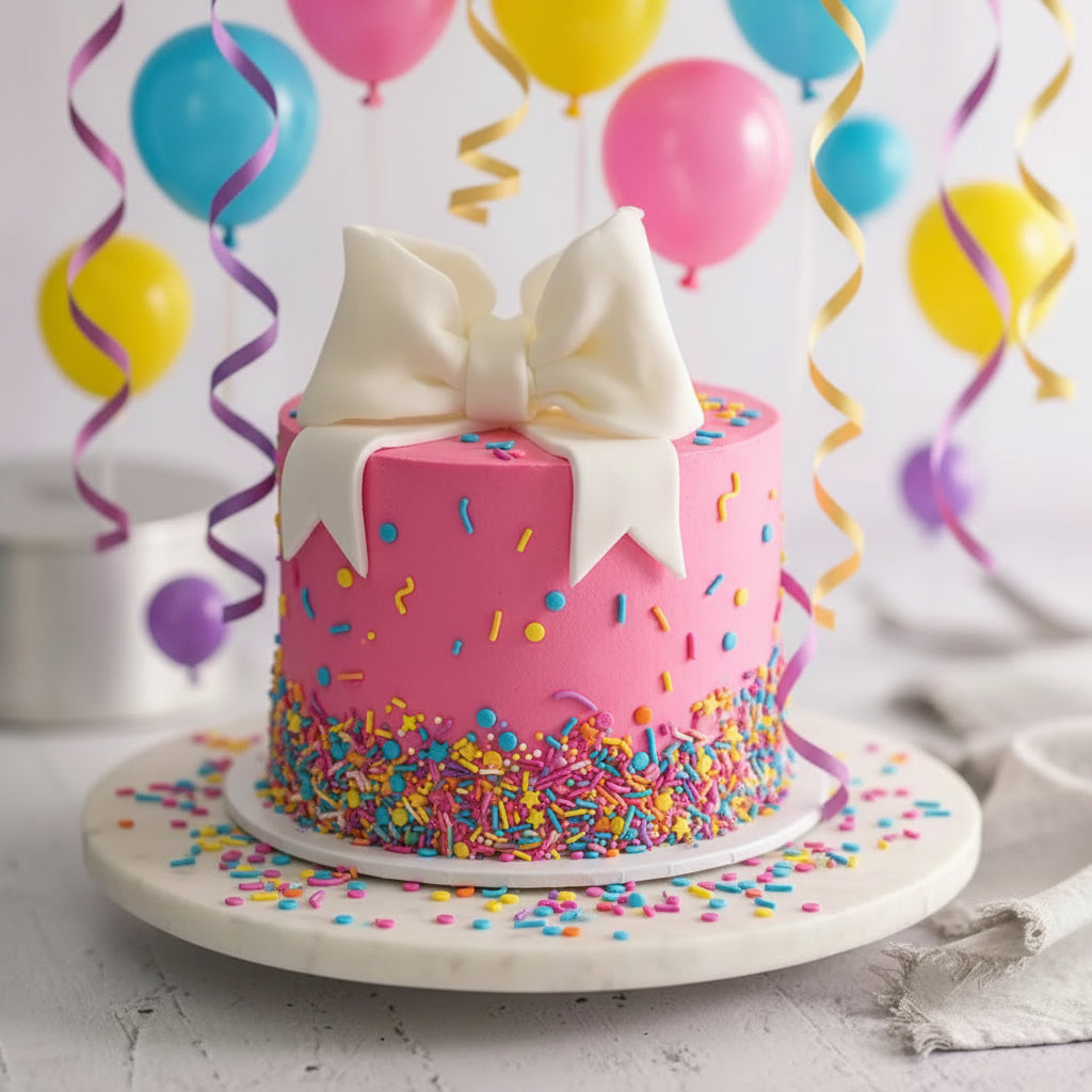 Pink cake with a large white bow on top, placed on a marble stand.