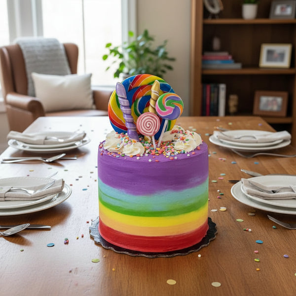 Colorful rainbow cake with candy decorations on a wooden surface.