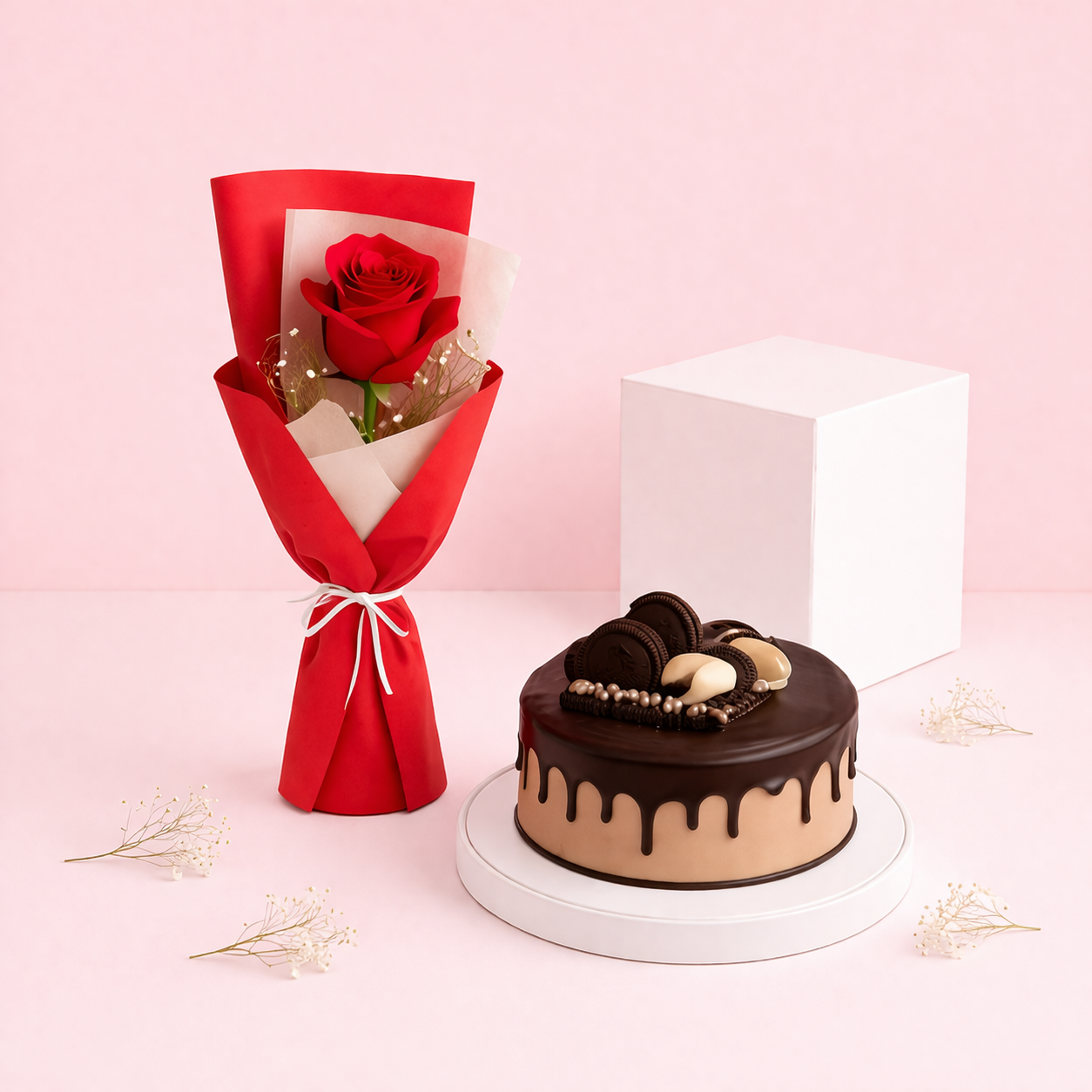 Chocolate cake and Single Red Rose