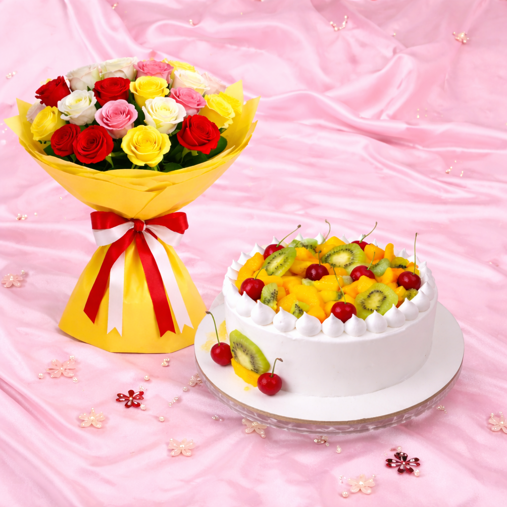 Fresh Fruit Cake & Mixed Roses Bouquet Combo