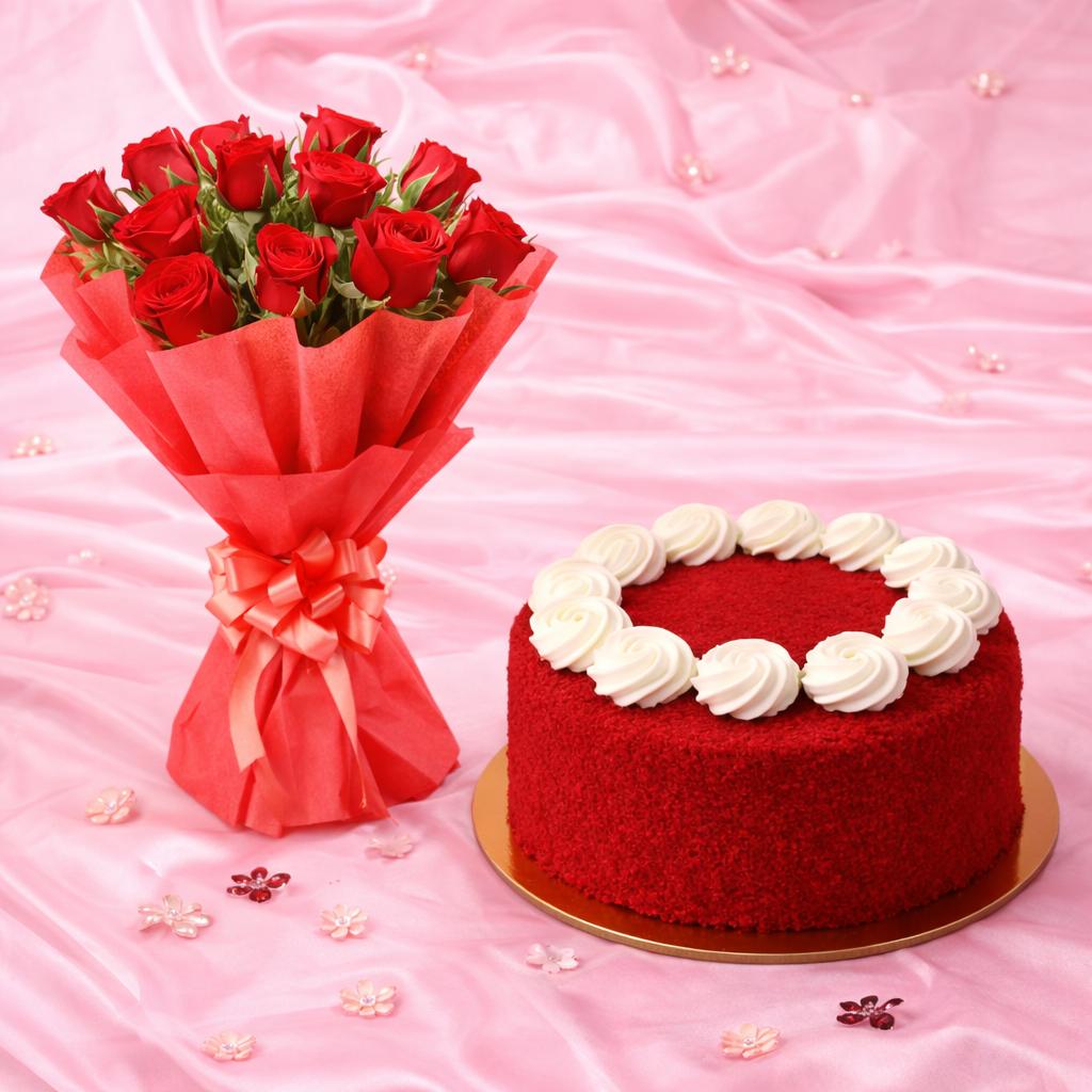 Red Velvet Cake & Red Roses Bouquet Combo