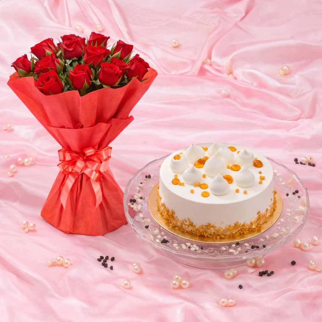 Butterscotch Cake & Red Roses Bouquet Combo