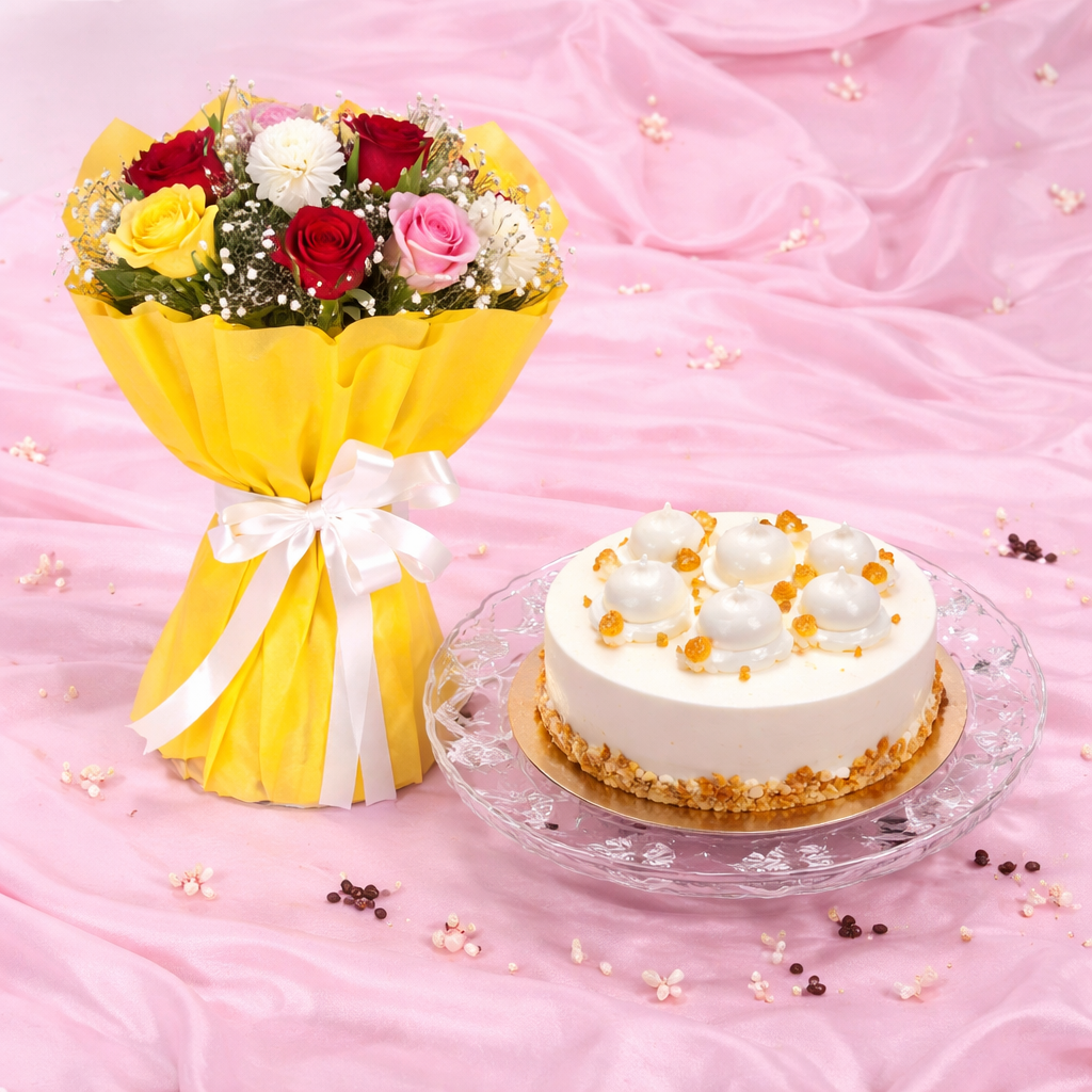 Butterscotch Cake & Mixed Flowers Bouquet Combo