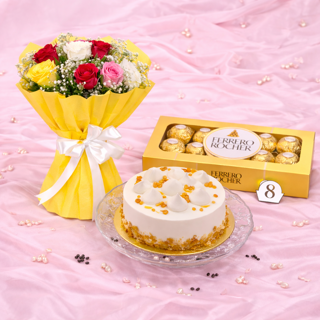 Butterscotch Cake, Mixed Roses Bouquet & Chocolate Box Combo