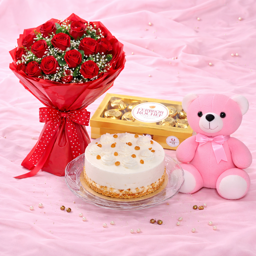 Premium Red Roses, Cake, Teddy & Chocolate Gift Combo