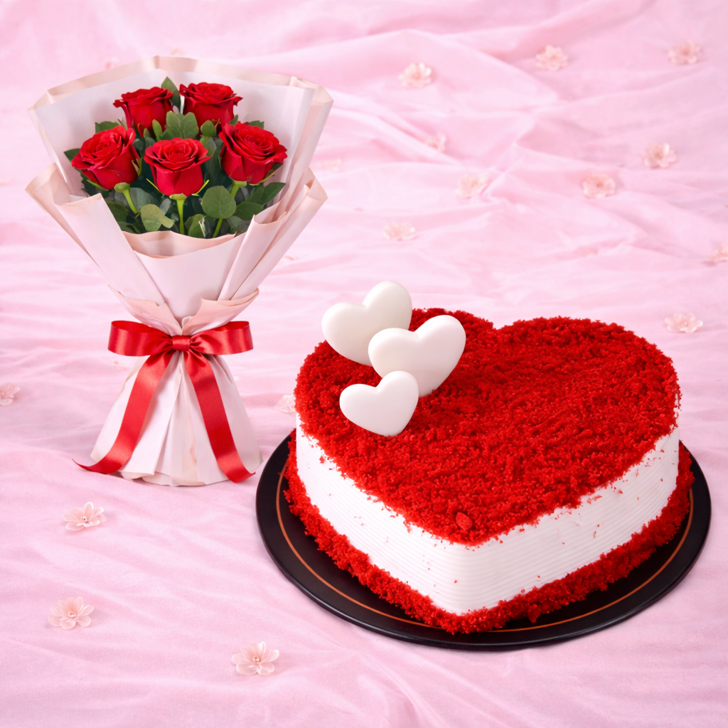 Heart Shape Red Velvet Cake with Rose Bouquet