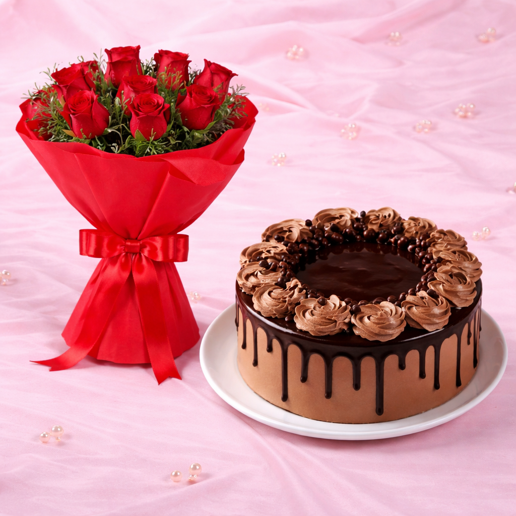 Chocolate Cake with Red Roses Bouquet