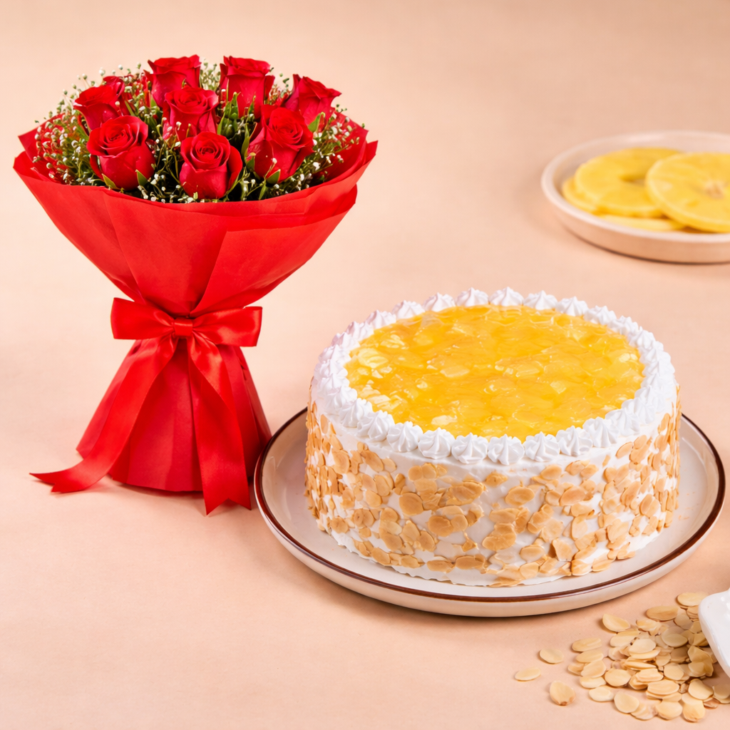 Pineapple Cake with Red Roses Bouquet