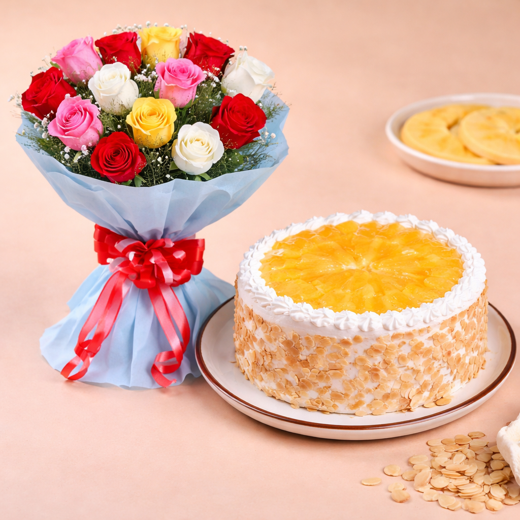 Mixed Roses Bouquet with Pineapple Cake