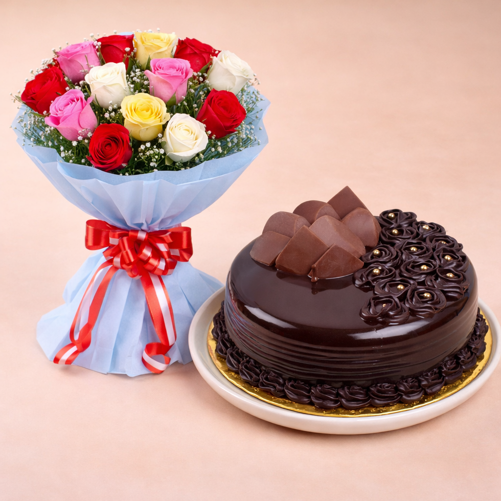 Royal Chocolate with Mixed Roses Bouquet