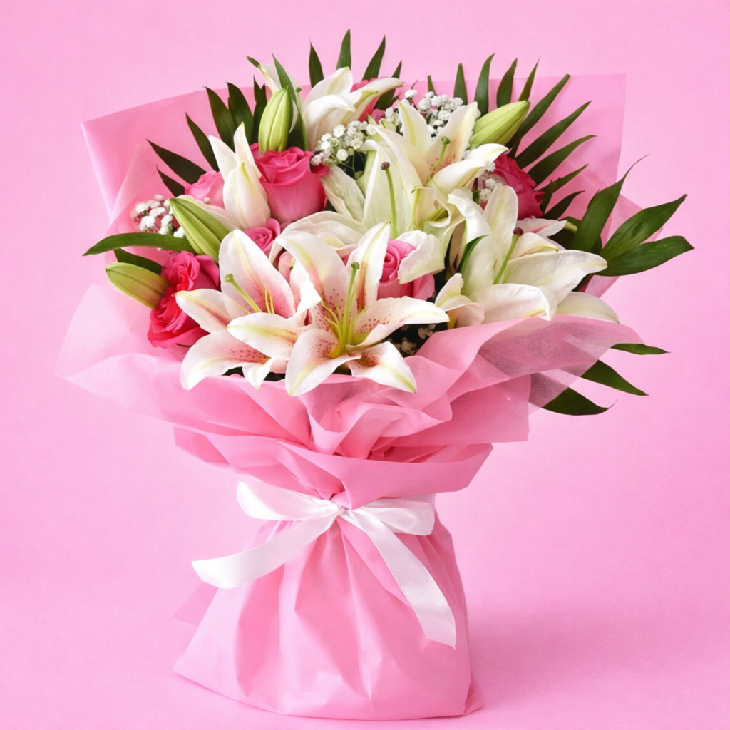 Pink Lily With Roses Flower Bouquet