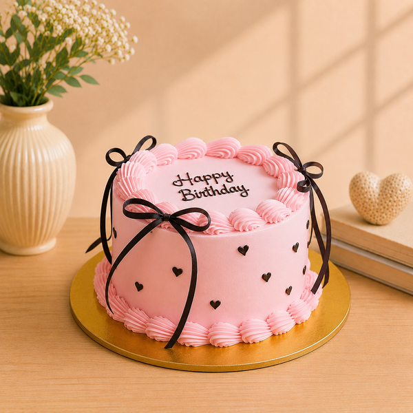 Pink Velvet Ribbon Charm Birthday Cake