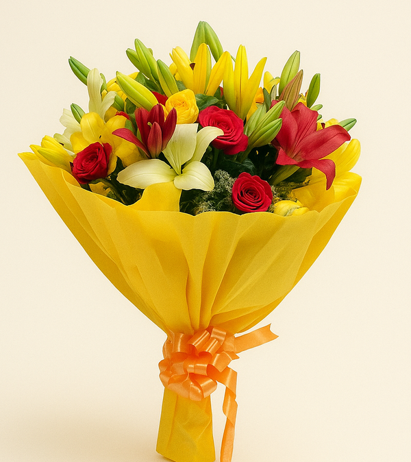 Vibrant Mixed Flower Bouquet in Yellow Wrap