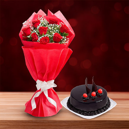 Chocolate Truffle Cake With Red Roses Bouquet