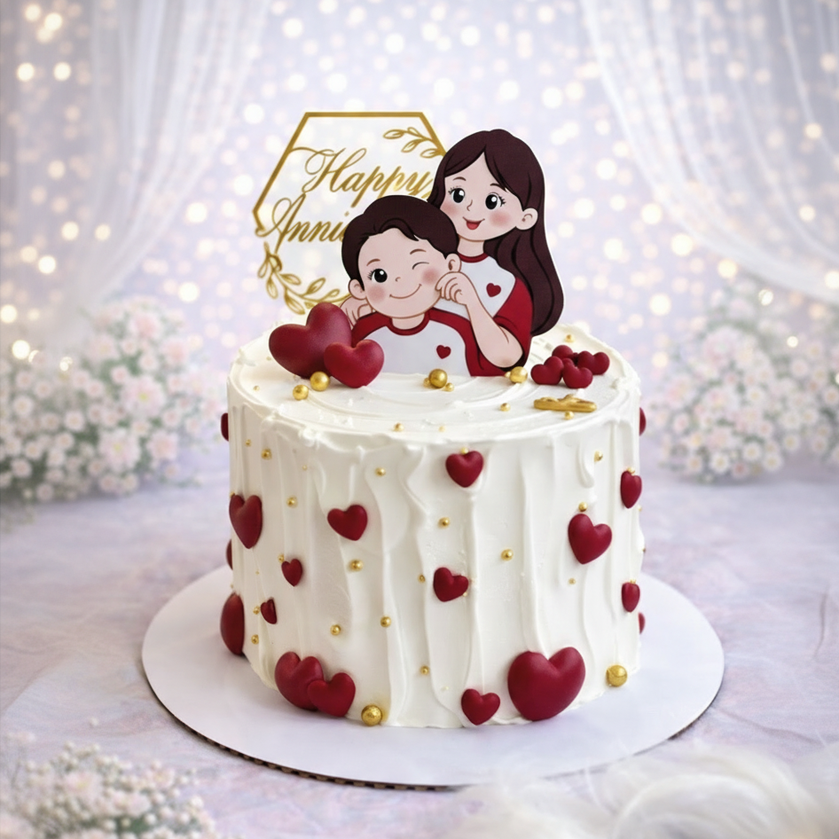 Cake with cartoon couple and 'Happy Anniversary' topper on a white background