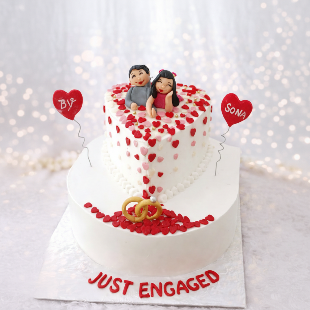 Engagement-themed cake with heart design, figurines, and 'Just Engaged' text.