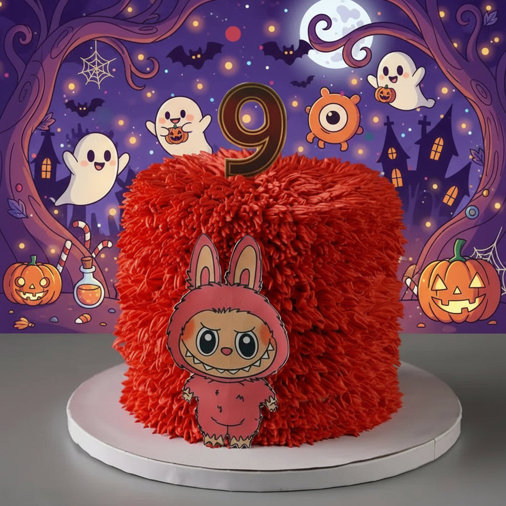 Red textured cake with a cartoon character and number 9 candle on a dark background Cute_Labubu_Designer_Cake 