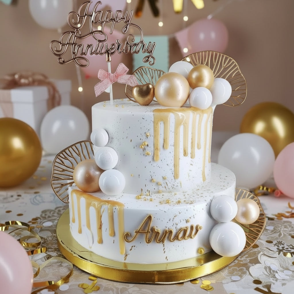 Decorative cake with gold and white elements and 'Happy Anniversary' topper on a white background.
