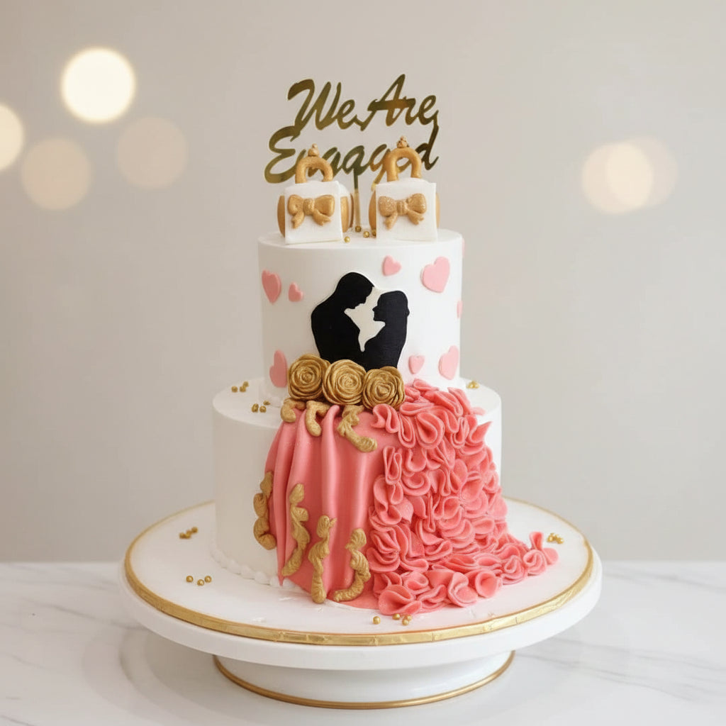 Decorative cake with pink and gold design on a wooden surface
