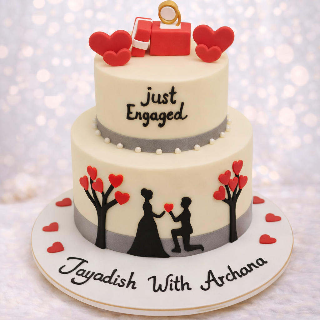 Two-tiered 'Just Engaged' cake with decorative elements on a light background