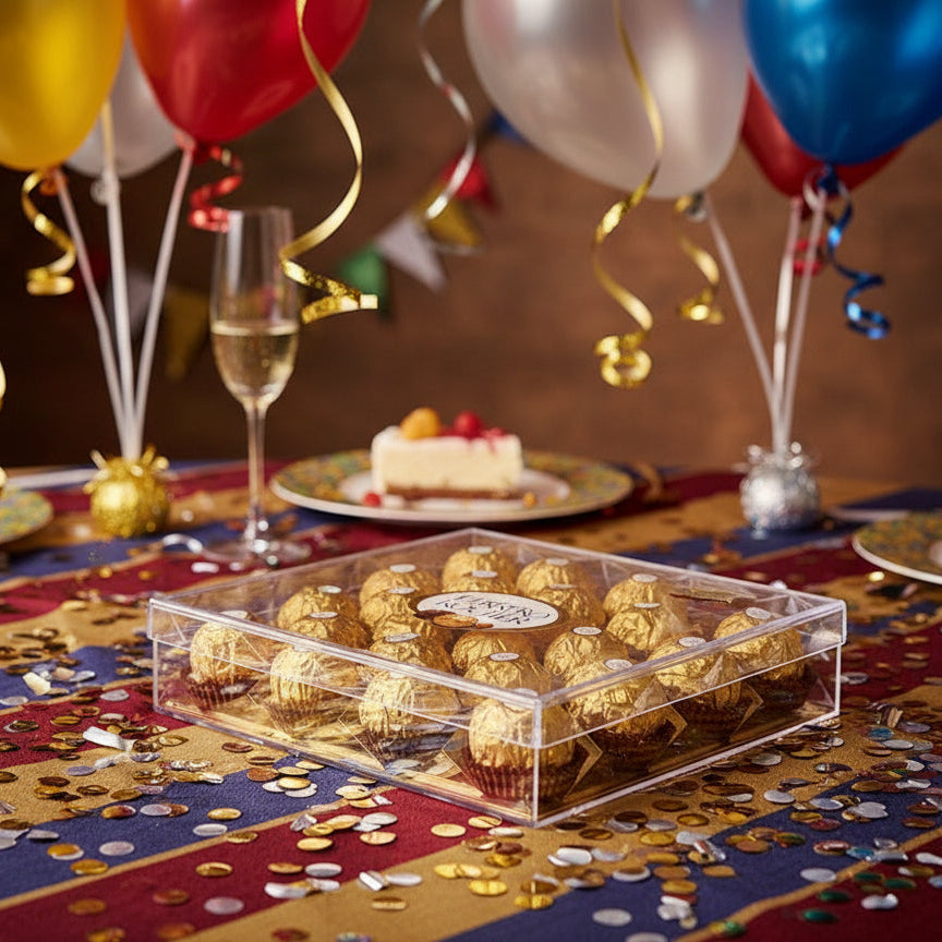 Box of Ferrero Rocher chocolates on a festive table with balloons and cake