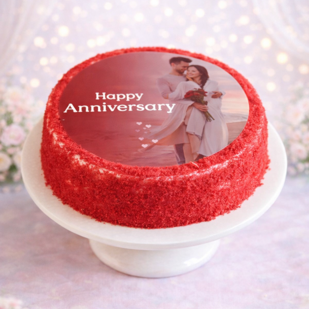 Red anniversary cake with a photo of a couple on a white stand against a light background