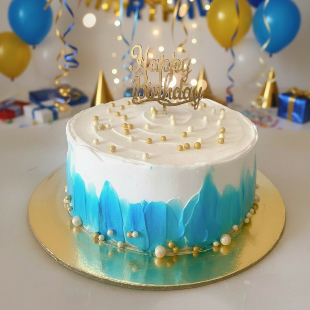 Birthday cake with blue and white design and 'Happy Birthday' topper on a white background