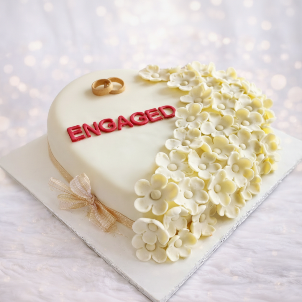 Heart-shaped engagement cake with white flowers and 'ENGAGED' text on a light background