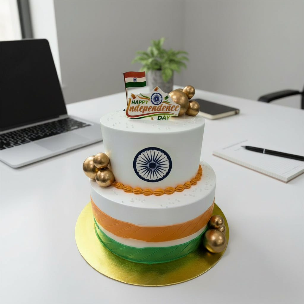 Two-tier cake with Indian flag design and Rystad Energy logo on a marble surface