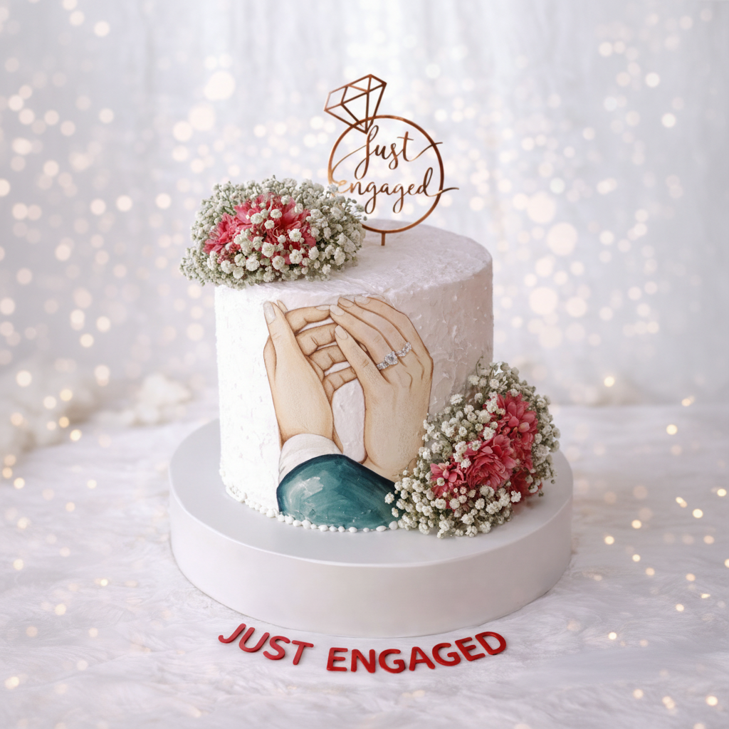 Engagement-themed cake with hands holding a ring, flowers, and 'Just Engaged' topper.