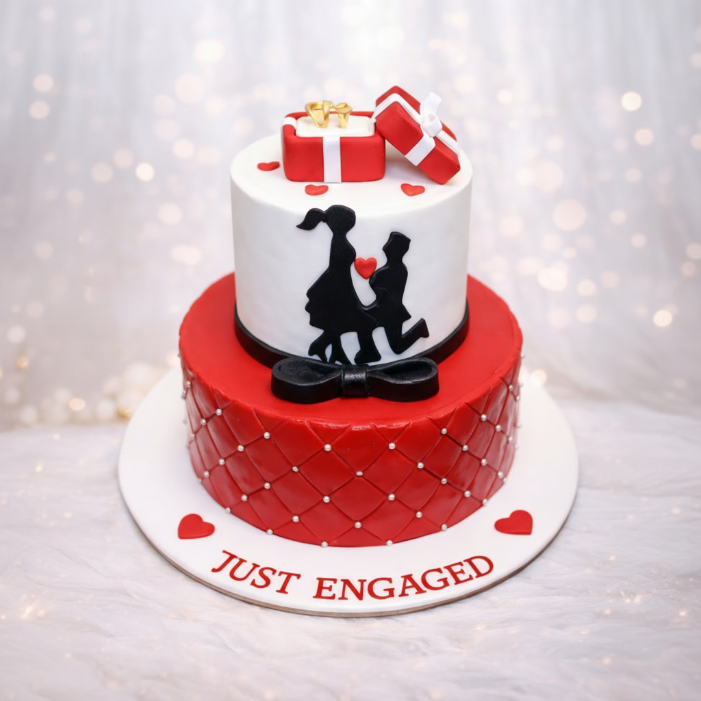 Two-tiered cake with 'Just Engaged' text and silhouettes of a couple on a white background.