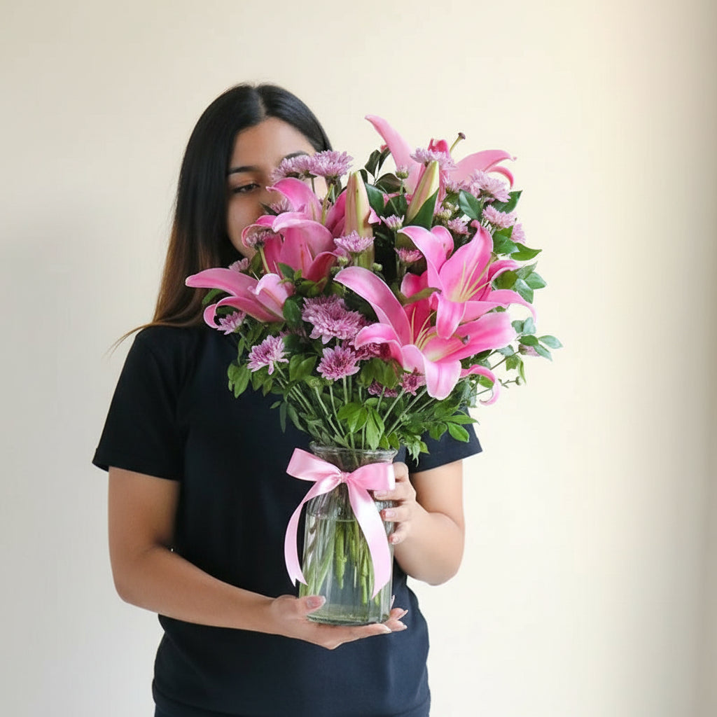 Woman holding a bouquet of pink flowers with a neutral background
