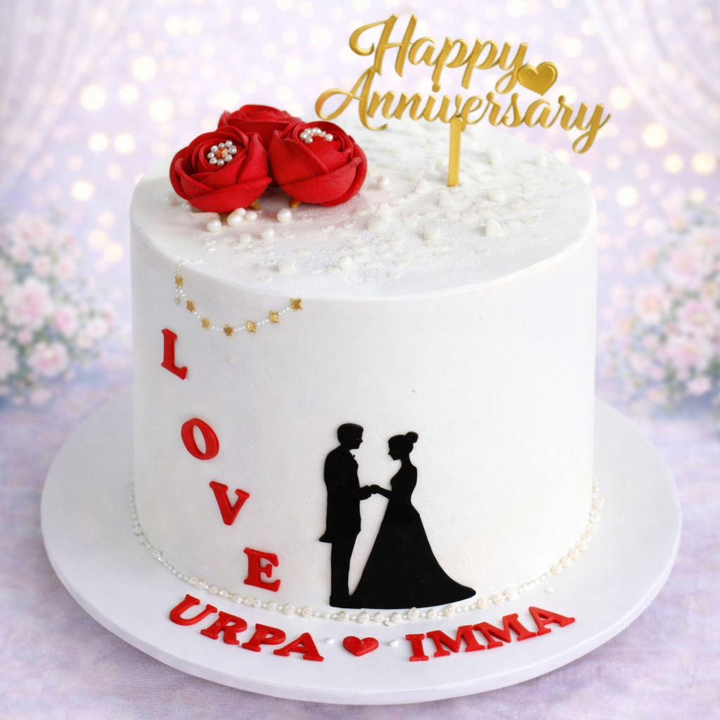 Anniversary cake with red roses, 'Happy Anniversary' topper, and silhouettes of a couple holding hands.