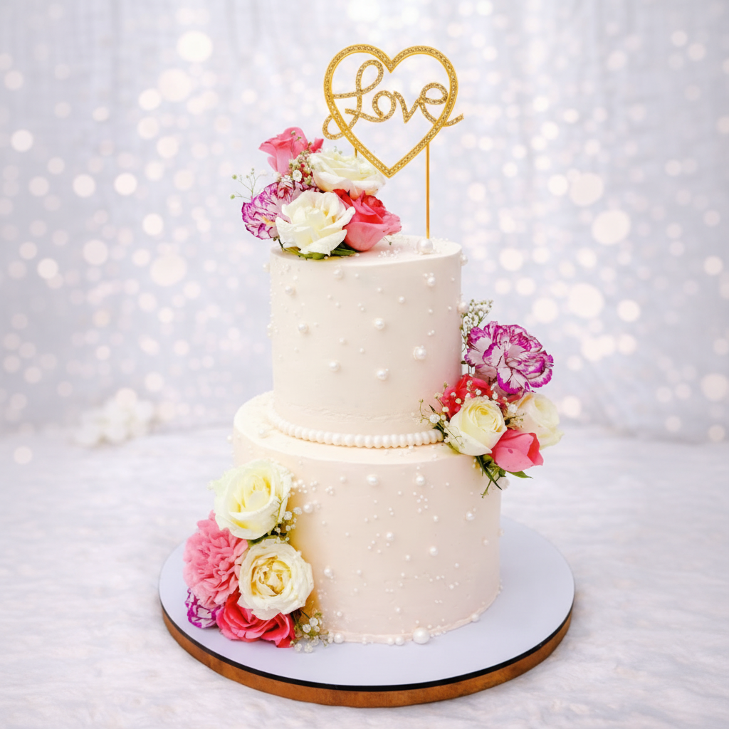 Two-tier wedding cake with floral decorations and a 'Love' topper on a light background