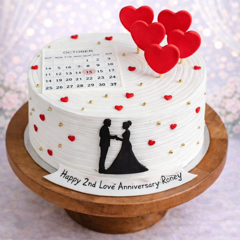 Anniversary cake with hearts and a couple silhouette on a wooden stand.