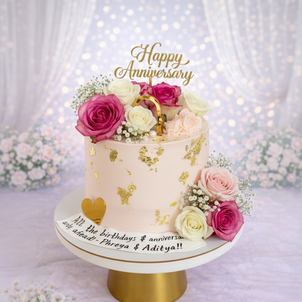 Decorative anniversary cake with flowers and 'Happy Anniversary' topper on a blurred background