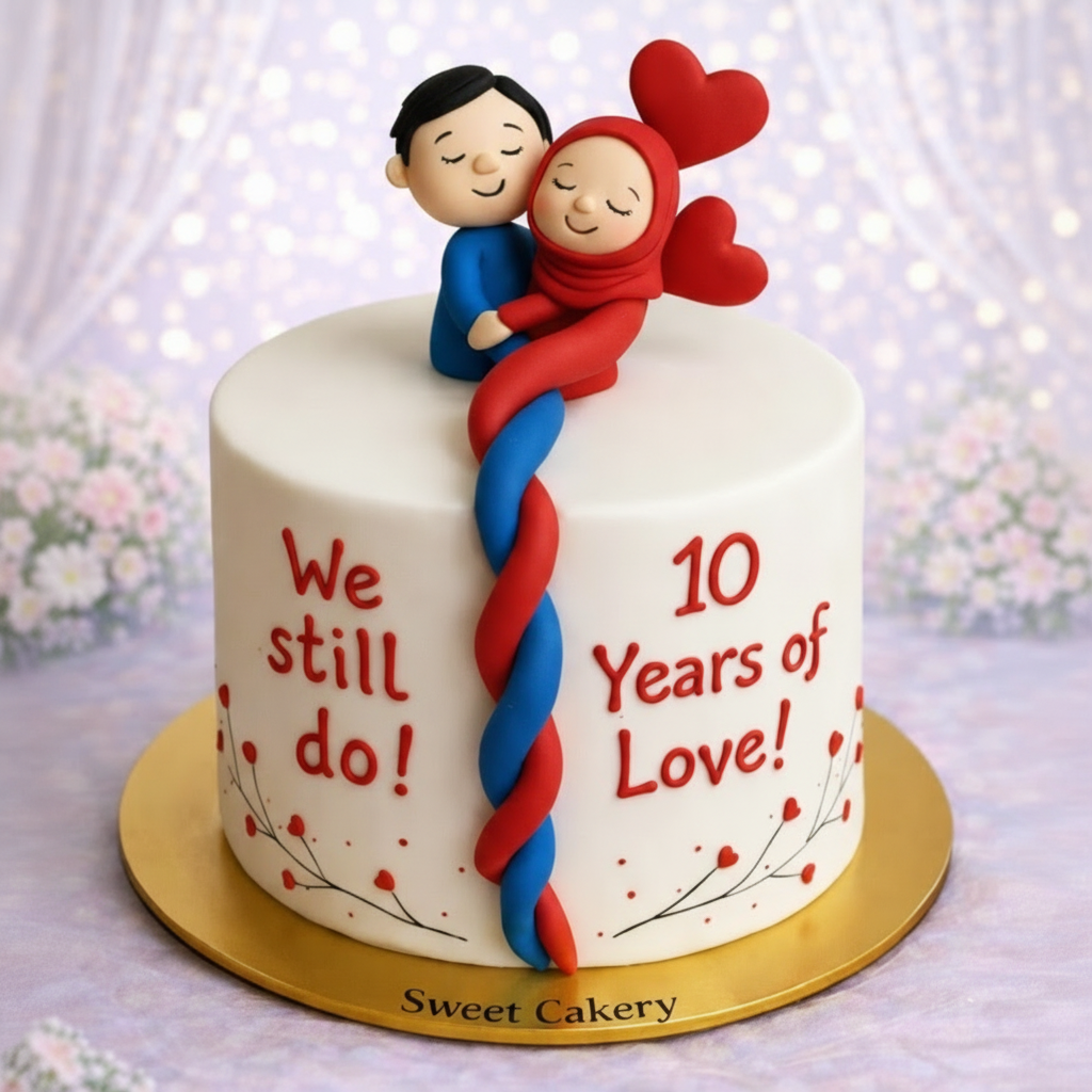 Cake with figurines of a couple hugging and a twisted ribbon, celebrating 10 years of love, with 'We still do!' text.
