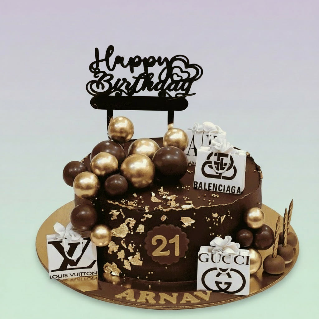 Birthday cake with brand logos and 'Happy Birthday' topper on a white background