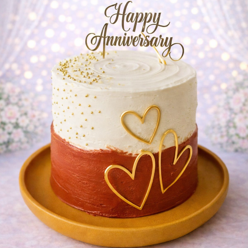 Small cake with 'Happy Anniversary' topper on a yellow plate against a blurred background