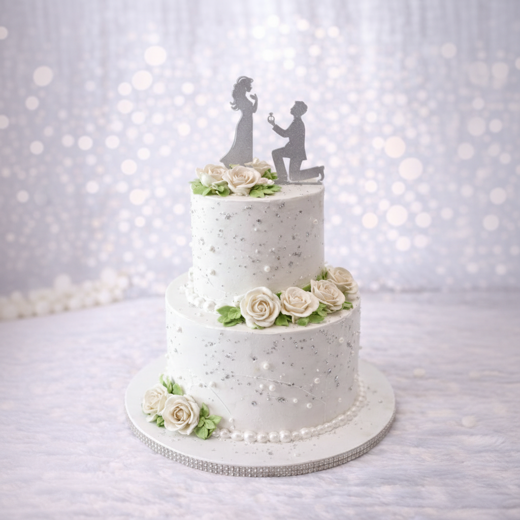 Three-tiered wedding cake with floral decorations and a 'proposal' topper against a soft, blurred background.