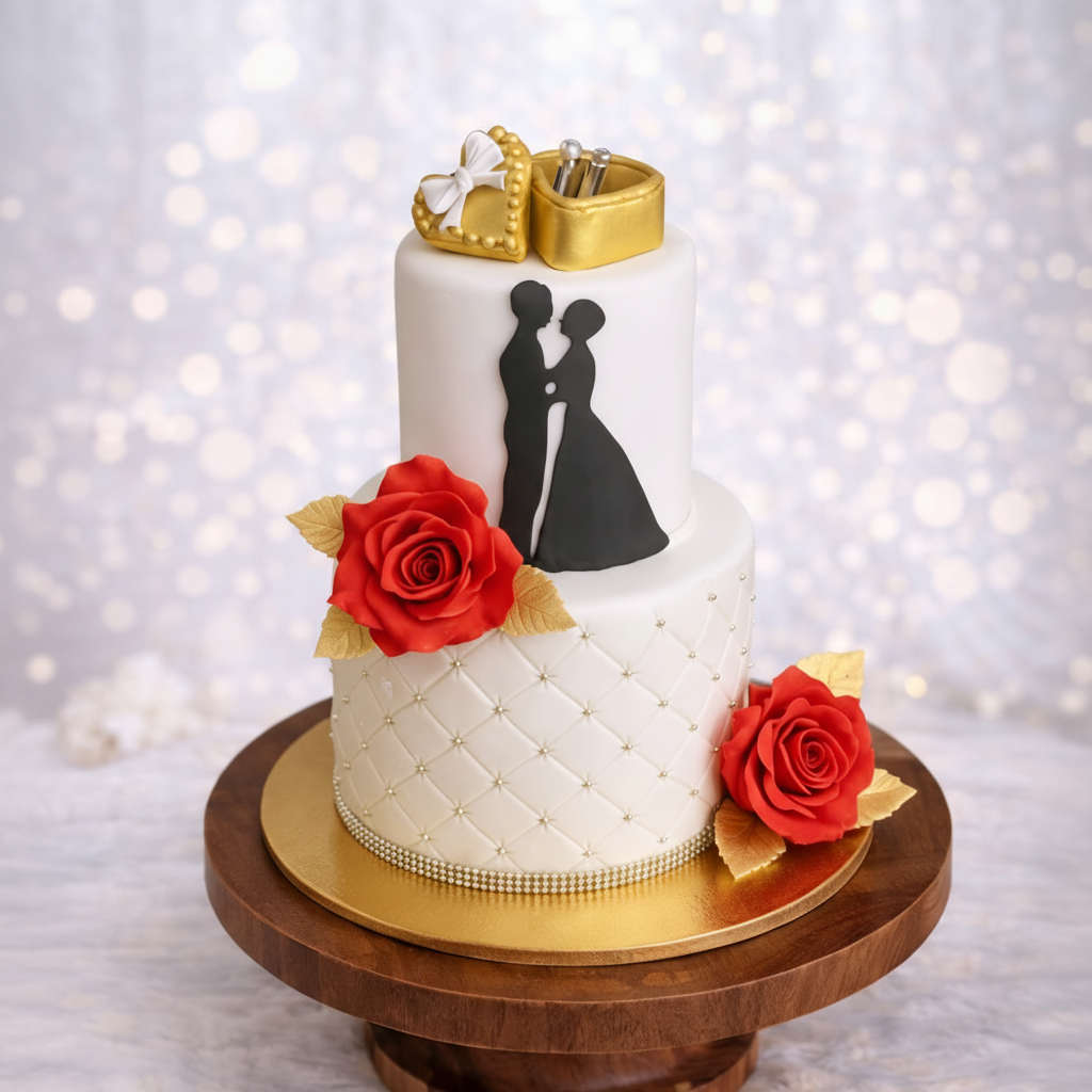 Two-tier wedding cake with red roses and a gold ring on a wooden stand against a blurred light background