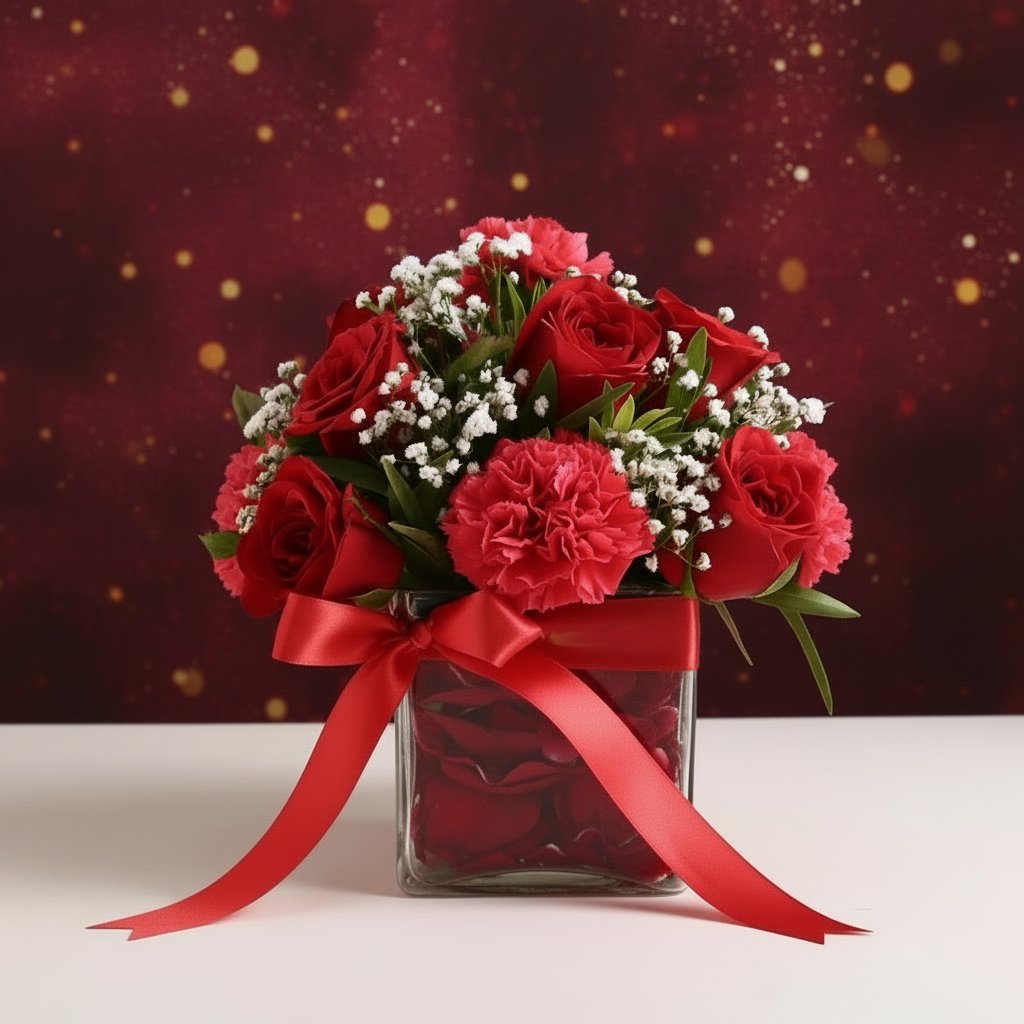 Bouquet of red flowers in a clear vase with a red ribbon on a white surface and dark background.