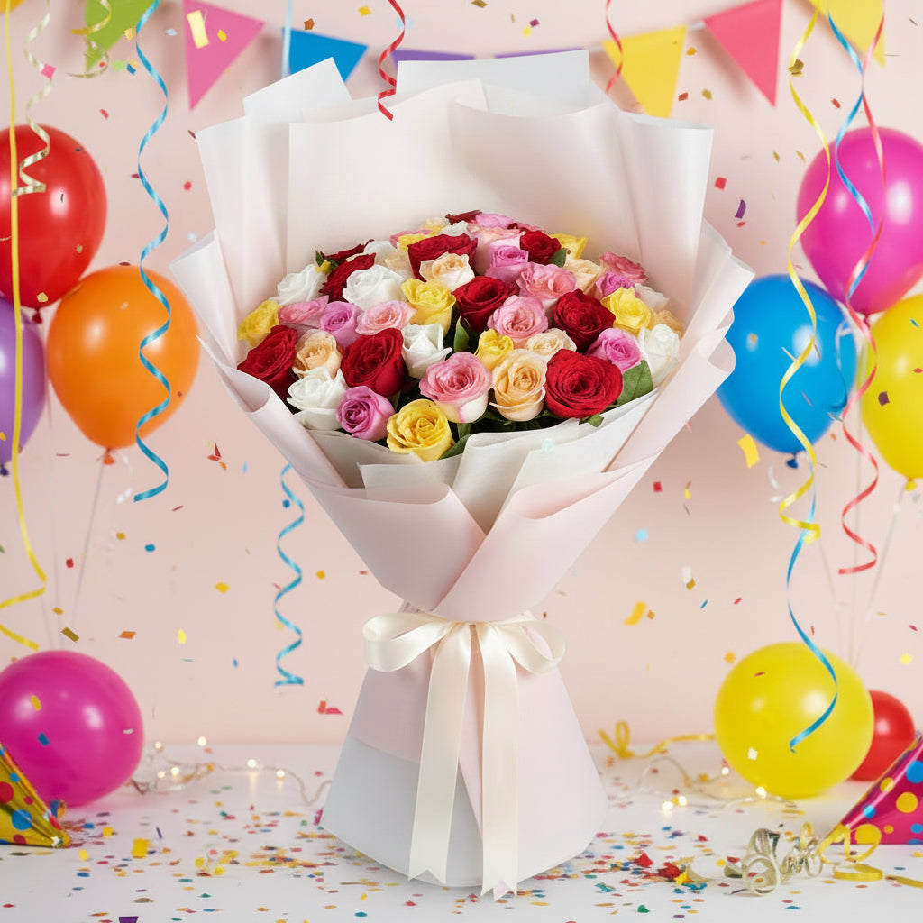 Woman holding a bouquet of colorful roses against a plain background