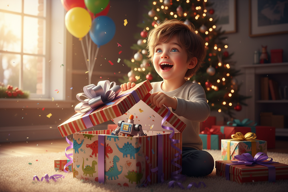 a boy opening gift image 